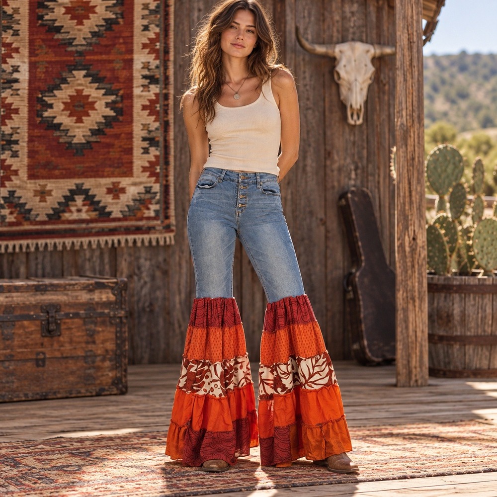 Upcycled 7 Denim Red Orange Tiered Bell Bottom Jeans Boho Western Festival